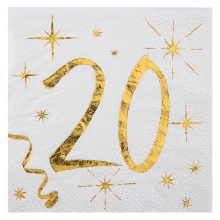 20 SERVIETTES AGES METALLISE BLANC 20 ANS 25 X 25 CM