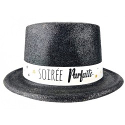 CHAPEAU HAUT DE FORME GLITTER NOIR "QUE TOUS VOS VEUX SE REALISENT"
