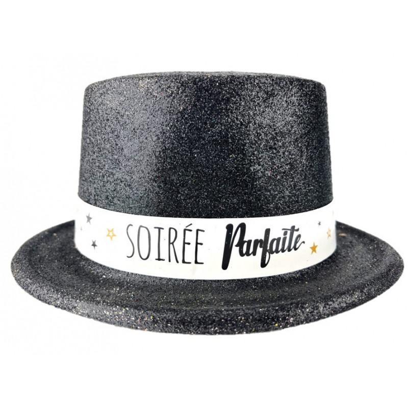 CHAPEAU HAUT DE FORME GLITTER NOIR "QUE TOUS VOS VEUX SE REALISENT" CHAPEAU HAUT DE FORME GLITTER NOIR "QUE TOUS VOS VEUX SE REALISENT"