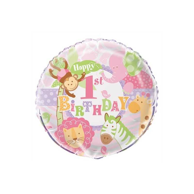 BALLON METALLIQUE ROND 1ST BIRTHDAY ANIMAUX 45 CM 