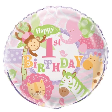 BALLON METALLIQUE  ROND 1ST BIRTHDAY ANIMAUX 45 CM 