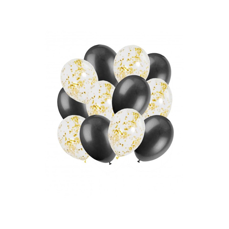 SACHET DE 12 BALLONS 6 NOIR 6 CONFETTIS OR