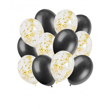 SACHET DE 12 BALLONS 6 NOIR 6 CONFETTIS OR