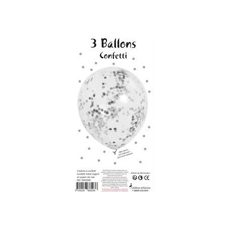 SACHET DE 3 BALLONS CONFETTIS ARGENT 2.5CM