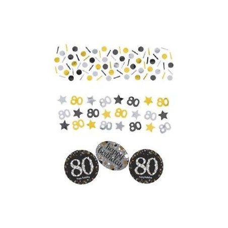 CONFETTIS DE TABLE 80 ANS NOIR ARGENT OR 34G