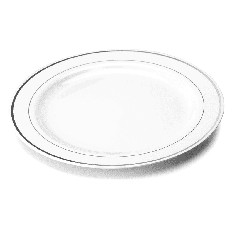 20 ASSIETTES REUTILISABLES BLANCHE AVEC FILET ARGENT 19 CM