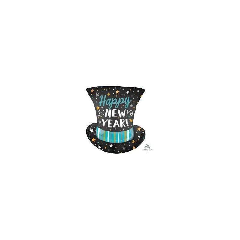 BALLON METALLIQUE CHAPEAU HAUT DE FORME HAPPY NEW YEAR 60 CM 