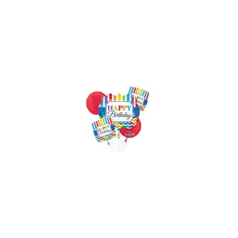 BOUQUET DE 5 BALLONS HAPPY BIRTHDAY MULTICOULEURS 