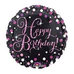 BALLON METALLIQUE ROND NOIR HAPPY BIRTHDAY FUSCHIA 43 CM