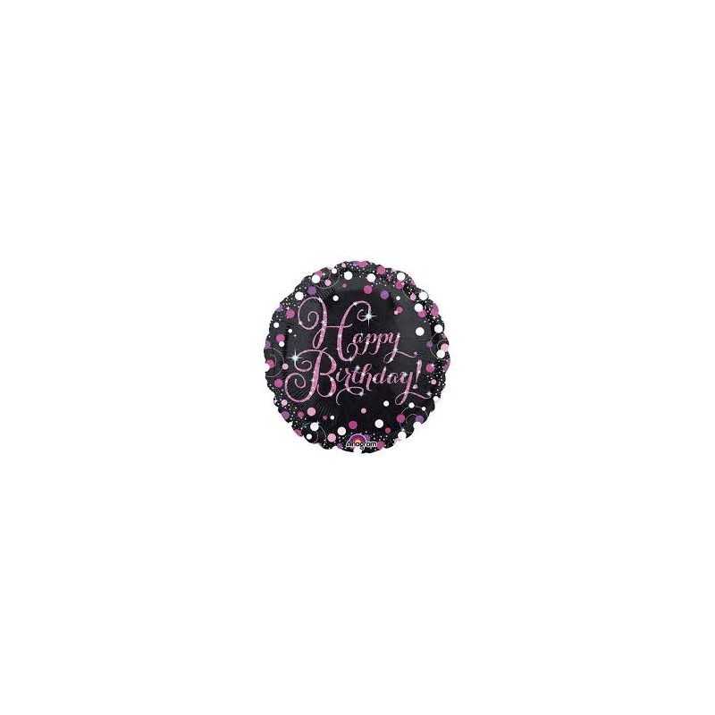 BALLON METALLIQUE ROND NOIR HAPPY BIRTHDAY FUSCHIA 43 CM