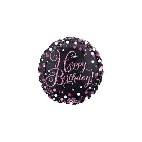BALLON METALLIQUE ROND NOIR HAPPY BIRTHDAY FUSCHIA 43 CM