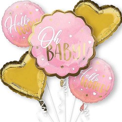 BOUQUET 5 BALLONS METALLIQUES OH BABY ROSE ET OR 