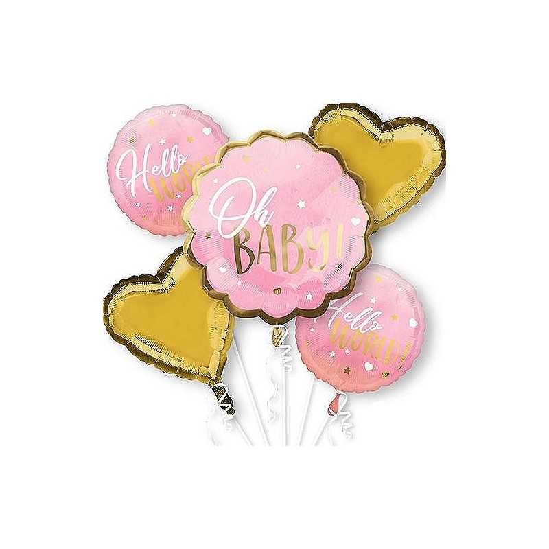 BOUQUET 5 BALLONS METALLIQUES OH BABY ROSE ET OR 