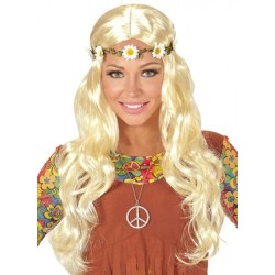 PERRUQUE HIPPIE OU MEDIEVALE LONGUE BLONDE AVEC BANDEAU MARGUERITE