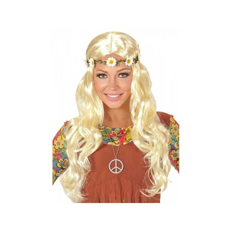 PERRUQUE HIPPIE OU MEDIEVALE LONGUE BLONDE AVEC BANDEAU MARGUERITE