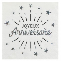 10 SERVIETTES BLANCHE AVEC JOYEUX ANNIVERSAIRE ARGENT  33 X 33 CM