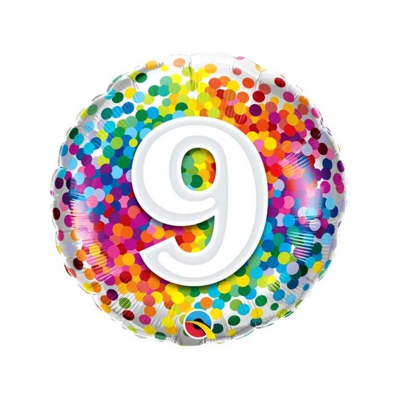 BALLON METALLIQUE ROND CONFETTIS MULTICOULEUR CHIFFRE 9 18" 46 CM 
