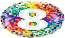 BALLON METALLIQUE ROND CONFETTIS MULTICOULEUR CHIFFRE 8 18" 46 CM