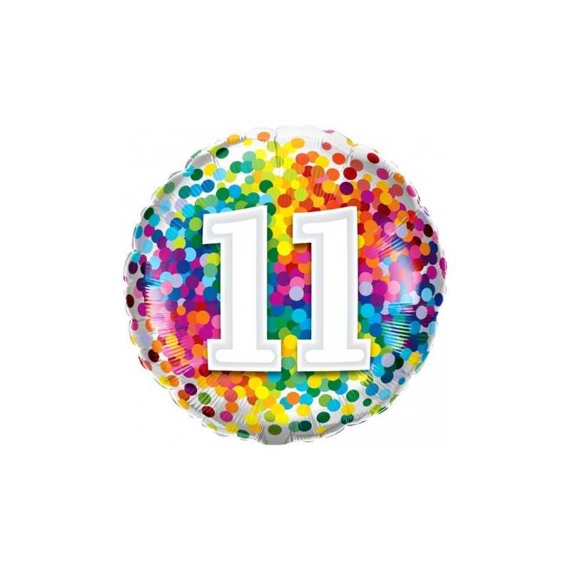 BALLON METALLIQUE ROND CONFETTIS MULTICOULEUR CHIFFRE 11 18" 46 CM 