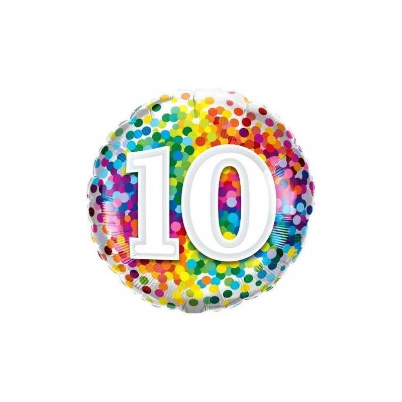 BALLON ROND METALLIQUE CONFETTIS MULTICOULEUR CHIFFRE 10 18" 46 CM 