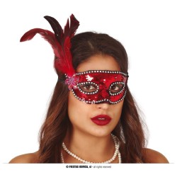 MASQUE LOUP SEQUIN ROUGE AVEC PLUME