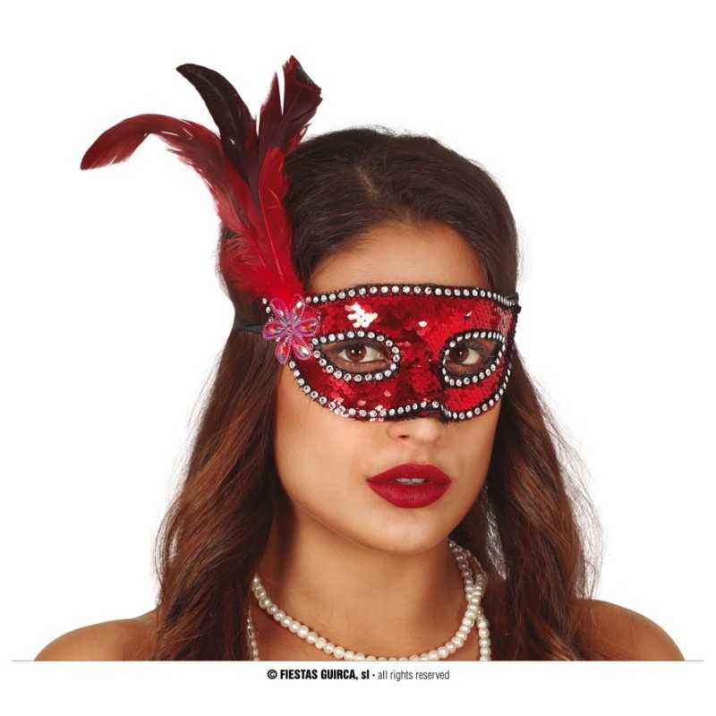 MASQUE LOUP SEQUIN ROUGE AVEC PLUME