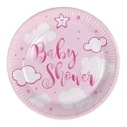 8 ASSIETTES RONDES ROSE BABY SHOWER NUAGES 18 CM