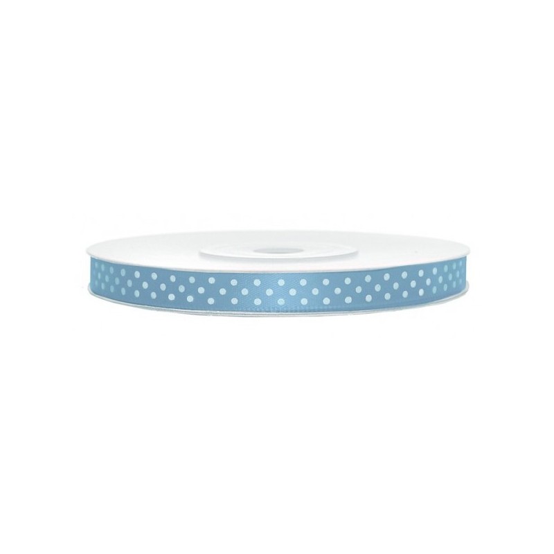 RUBAN SATIN BLEU A POIS BLANC 6 MM X 25 M