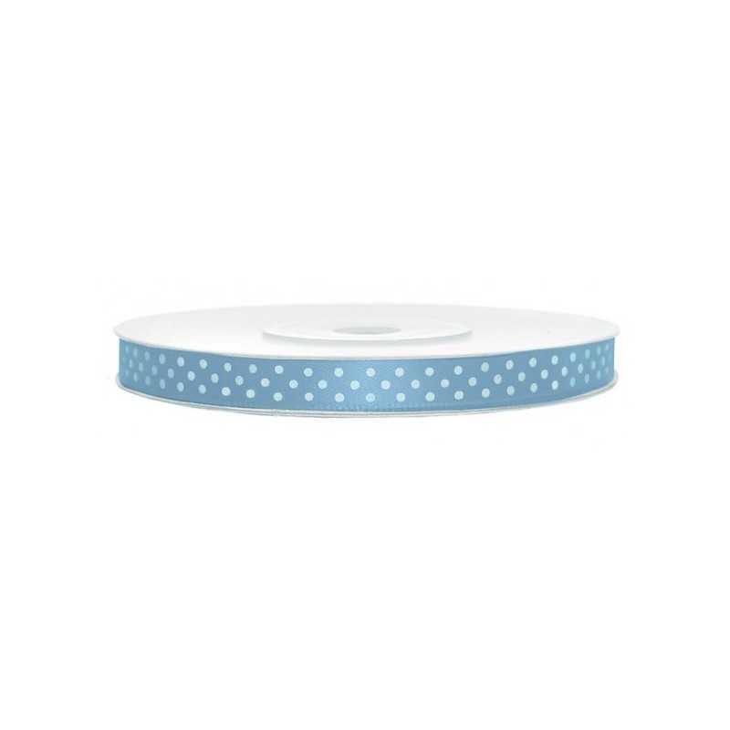 RUBAN SATIN BLEU A POIS BLANC 6 MM X 25 M