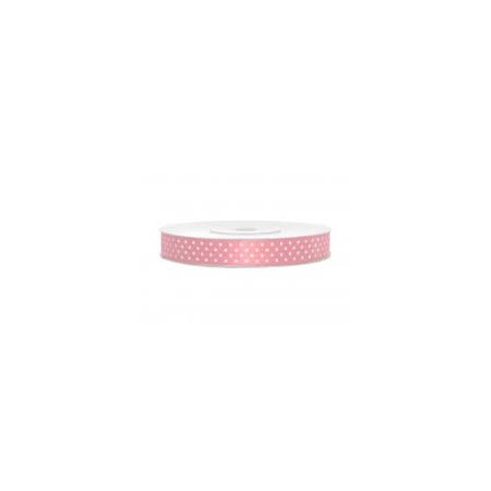RUBAN SATIN ROSE A POIS BLANC 6 MM X 25 M