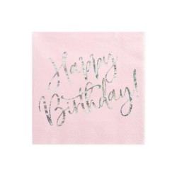 20 SERVIETTES ROSE POUDRE  HAPPY BIRTHDAY ARGENT 33 X 33 CM 