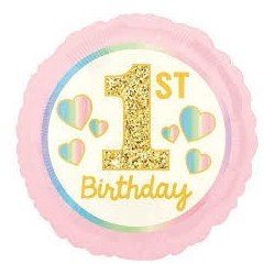 BALLON ROND METALLIQUE ROSE 1ST BIRTHDAY OR 43 CM