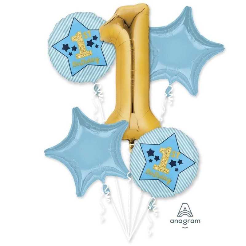 BOUQUET DE 5 BALLONS METALLIQUE 1 AN BLEU