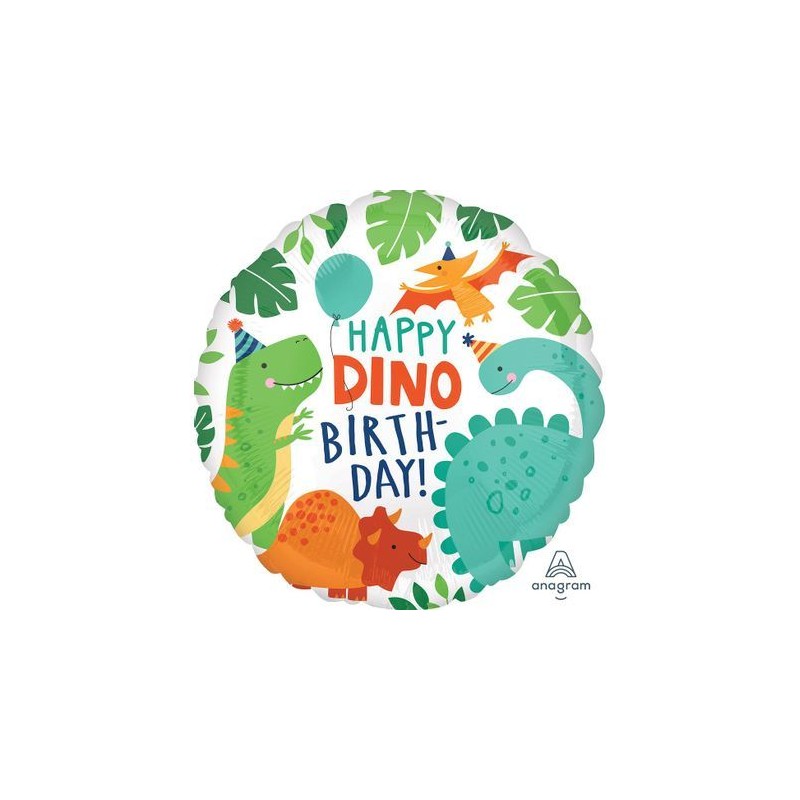 BALLON METALLIQUE ROND DINO HAPPY BIRTHDAY 43 CM 