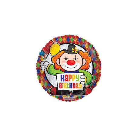 BALLON METALLIQUE ROND CLOWN HAPPY BIRTHDAY 23 CM