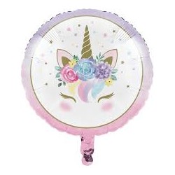 BALLON METALLIQUE ROND LICORNE BLANC 45 CM 