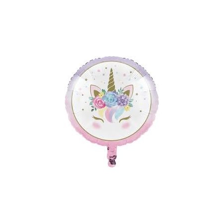 BALLON METALLIQUE ROND LICORNE BLANC 45 CM 