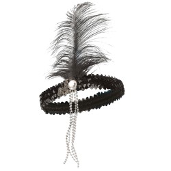 BANDEAU CHARLESTON NOIR AVEC PLUMES NOIR ET PERLE ARGENT 