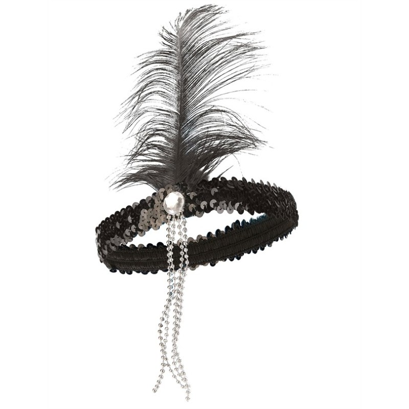 BANDEAU CHARLESTON NOIR AVEC PLUMES NOIR ET PERLE ARGENT  BANDEAU CHARLESTON NOIR AVEC PLUMES NOIR ET PERLE ARGENT