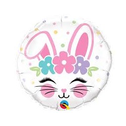 BALLON METALLIQUE LAPIN  AVEC FLEURS ROND 46 CM 