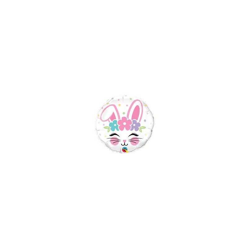 BALLON METALLIQUE LAPIN AVEC FLEURS ROND 46 CM 