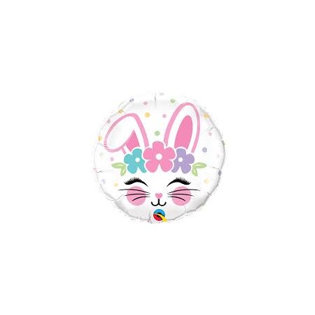 BALLON METALLIQUE LAPIN  AVEC FLEURS ROND 46 CM 