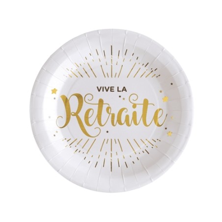 10 ASSIETTES VIVE LA RETRAITE OR ET BLANC 