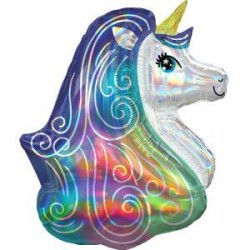 BALLON METALLIQUE TETE DE LICORNE HOLOGRAPHIQUE IRIDESCENT 76 CM 