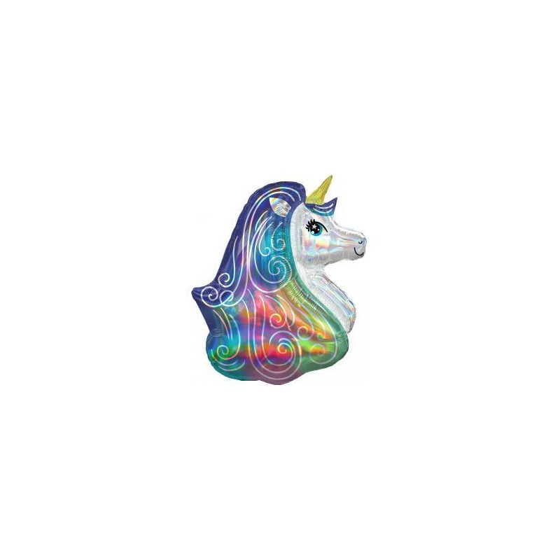 BALLON METALLIQUE TETE DE LICORNE HOLOGRAPHIQUE IRIDESCENT 76 CM 