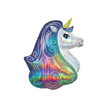 BALLON METALLIQUE TETE DE LICORNE HOLOGRAPHIQUE IRIDESCENT 76 CM 