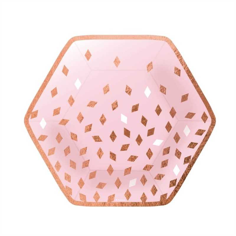 8 ASSIETTES HEXAGONALES BIRTHDAY ROSE ET ROSE GOLD 23 CM