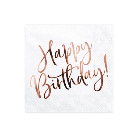 20 SERVIETTES BLANCHES HAPPY BIRTHDAY ROSE GOLD 33 X 33 CM