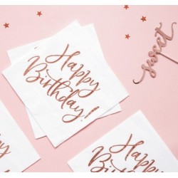 20 SERVIETTES BLANCHES HAPPY BIRTHDAY ROSE GOLD 33 X 33 CM