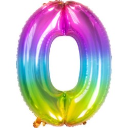 BALLON METALLIQUE CHIFFRE 0 ARC EN CIEL MULTICOLORE 86 CM